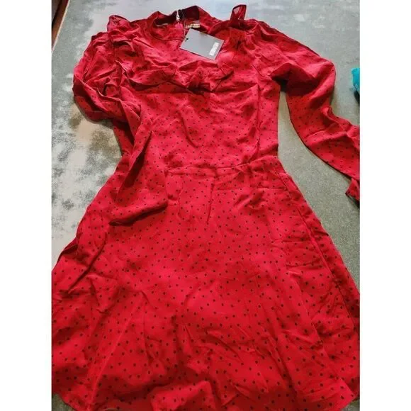 NWT Reformation Spark Mini Dress in Flamenco Red Black Polka Dot sz 0 - Picture 1 of 4